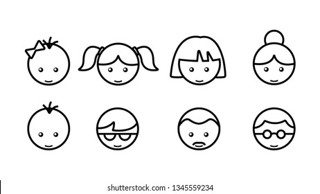 Linear icons of faces of men and women of different ages from childhood to old age