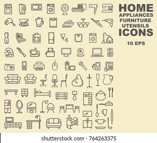 Linear icons of furniture, appliances and household items