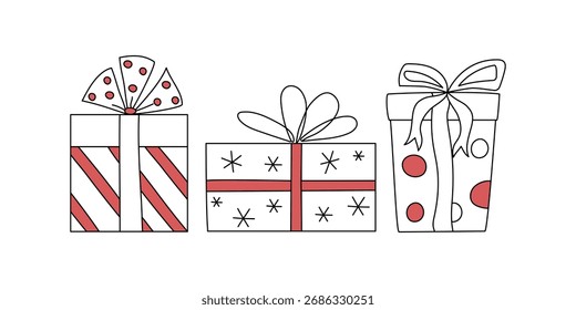 Linear icons of gift boxes. A set of hand-drawn gifts. Holiday packaging, Boxing Day. Doodle drawings. Birthday, Christmas, New Year.