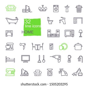 Linear icons of household items. Furniture, appliances, kitchen utensils