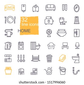 Linear icons household items  Furniture  appliances  kitchen utensils plumbing