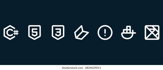 Linear icons include C#, HTML5, CSS3, code editor, information symbol, Docker, and map pin for software engineering and development.