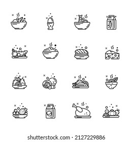 
Linear icons isolated on white background. Dishes from vegetables fruits fish. 16 linear icons food dishes menu. Proper nutrition icons set. Vector illustration.