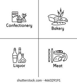 Iconos lineales aislados en blanco. Secciones de alimentos: pastelería, panadería, licor, carne. 