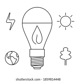 Linear icons, logos in vector. Energy conservation, light bulb, plants, leaf, tree, sun, planet Earth, lightning. Environmental Protection.