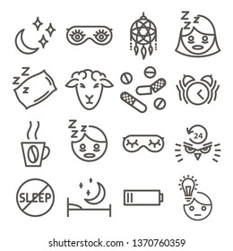 Linear icons for mental disorders of Insomnia. Mental health series - insomnia icons set. Vector illustration