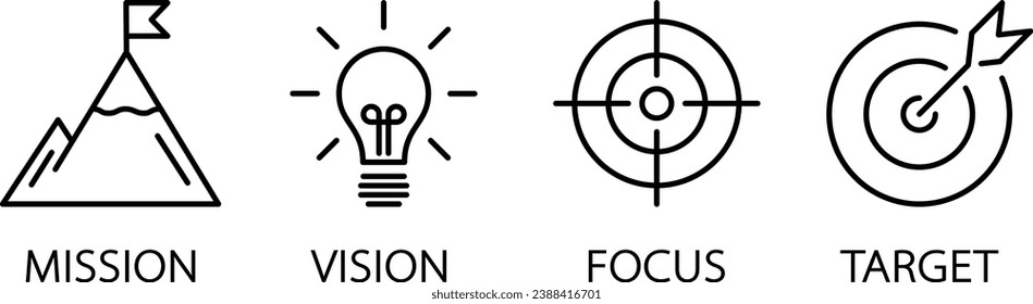 Linear icons of mission, vision, focus and target for web page simple template