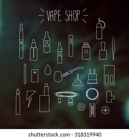 The linear icons on a blurred background. Vape shop.