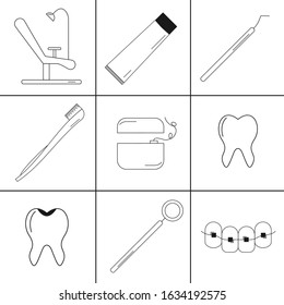 Linear icons on the subject of oral care.Dentistry, orthodontics outline icons. Thin line vector icons of dental clinic services, stomatology, dentistry,  oral health care. Vector.