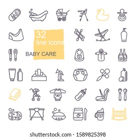 Linear icons on the theme of child care. Feeding and bathing of newborns