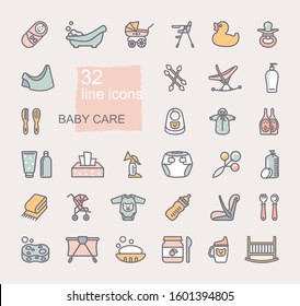 Linear icons on the theme of child care. Feeding and bathing of newborns
