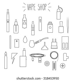 The linear icons on a white background. Vape shop.