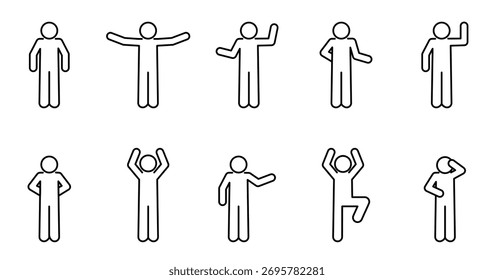 Linear icons of people, set of stickman poses, isolated silhouettes, human hand gestures