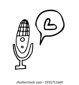 linear icons of podcasting tools. Sound recording equipment, vector illustration. Monochrome drawing of podcast studio objects, on white background