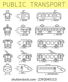 Iconos lineales del transporte público. Transporte público. Ilustración vectorial del transporte público. Concepto de negocios de transporte. EPS 10.