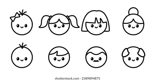 Linear icons representing faces of women and men of different ages from childhood to old age