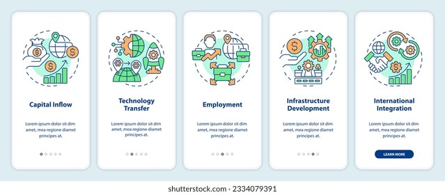 Linear icons representing foreign direct investment mobile app screen set. 5 steps editable graphic instructions, UI, UX, GUI template.