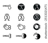 
Linear icons representing Omega 3 content using the letter omega and fish synthesis