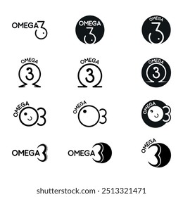 
Iconos lineales que representan el contenido de Omega 3 utilizando la letra omega y la síntesis de peces