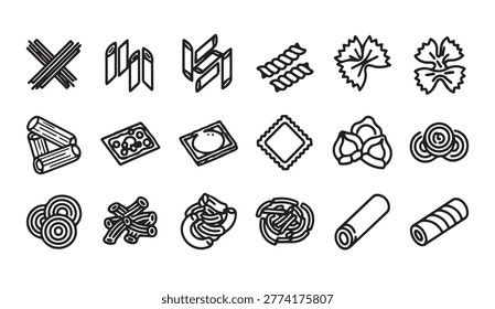 Linear icons representing various Italian pasta types. Ideal for culinary websites restaurant menus or food packaging design.