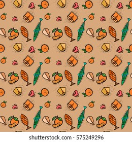 Linear icons seamless pattern of sky lanterns, fish, tangerines and hearts on a beige background. Icons of thin lines in flat style.
