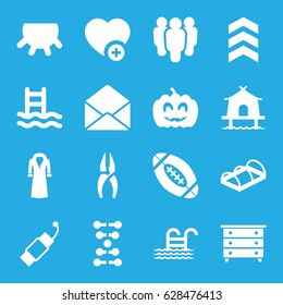 Linear icons set. set of 16 linear filled icons such as udder, nightstand, overcoat, nippers, greenohuse, add favorite, envelope, pumpkin haloween, firework, american football