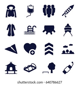 Linear icons set. set of 16 linear filled icons such as udder, baby cap, overcoat, greenohuse, add favorite, drop counter, fireworks, firework, city landscape, pool ladder
