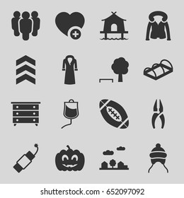Linear icons set. set of 16 linear filled icons such as baby cap, nightstand, overcoat, nippers, greenohuse, add favorite, drop counter, pumpkin haloween, firework