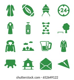 Linear icons set. set of 16 linear filled icons such as udder, baby cap, overcoat, envelope, city landscape, decanted, american football, tent, remote control, 24 hour, dna