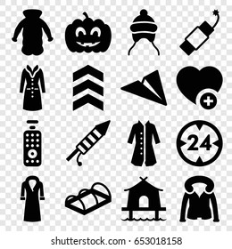 Linear icons set. set of 16 linear filled icons such as baby cap, overcoat, greenohuse, add favorite, pumpkin haloween, fireworks, firework, tent, remote control, arrow