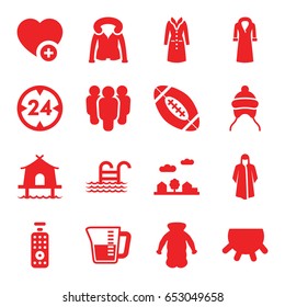 Linear icons set. set of 16 linear filled icons such as udder, baby cap, overcoat, add favorite, city landscape, decanted, american football, pool ladder, tent, remote control