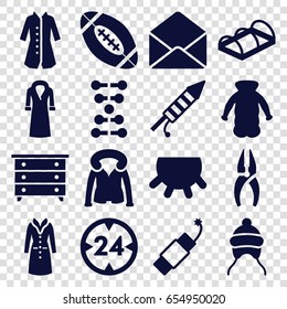 Linear icons set. set of 16 linear filled icons such as udder, baby cap, nightstand, overcoat, nippers, greenohuse, envelope, fireworks, firework, american football, 24 hour