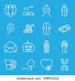 linear icons set. Set of 16 linear outline icons such as baby cap, overcoat, greenohuse, add favorite, envelope, drop counter, pumpkin haloween, city landscape, decanted