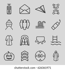 Linear icons set. set of 16 linear outline icons such as udder, baby cap, overcoat, envelope, pumpkin haloween, firework, pool ladder, remote control, arrow, 24 hour, dna