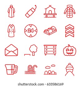 Linear icons set. set of 16 linear outline icons such as baby cap, nightstand, overcoat, greenohuse, envelope, pumpkin haloween, firework, city landscape, decanted