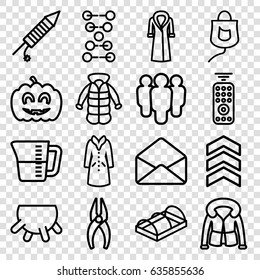 Linear icons set. set of 16 linear outline icons such as udder, overcoat, nippers, greenohuse, envelope, drop counter, pumpkin haloween, fireworks, decanted, remote control