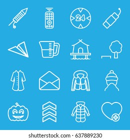 Linear icons set. set of 16 linear outline icons such as baby cap, overcoat, add favorite, envelope, pumpkin haloween, fireworks, firework, decanted, tent, remote control
