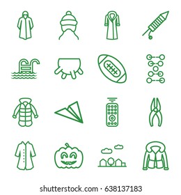 Linear icons set. set of 16 linear outline icons such as udder, baby cap, overcoat, nippers, pumpkin haloween, fireworks, city landscape, pool ladder, remote control