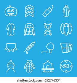 Linear icons set. set of 16 linear outline icons such as udder, baby cap, overcoat, pumpkin haloween, fireworks, firework, decanted, tent, arrow, 24 hour, dna, group