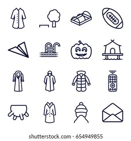 Linear icons set. set of 16 linear outline icons such as udder, baby cap, overcoat, greenohuse, envelope, pumpkin haloween, pool ladder, tent, remote control