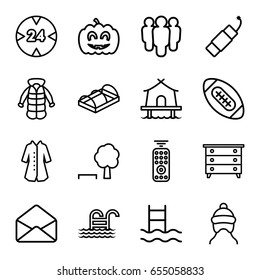 Linear icons set. set of 16 linear outline icons such as baby cap, nightstand, overcoat, greenohuse, envelope, pumpkin haloween, firework, pool ladder, tent, remote control