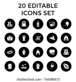 Linear icons. set of 20 editable filled linear icons such as overcoat, tree and bench, swimming ladder, greenohuse, paper plane, add favorite, drop counter, pumpkin haloween