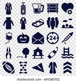 Linear icons set. set of 25 linear filled icons such as nightstand, overcoat, nippers, greenohuse, add favorite, envelope, drop counter, pumpkin haloween, fireworks, firework
