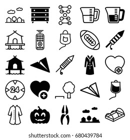 Linear icons set. set of 25 linear filled and outline icons such as nightstand, overcoat, nippers, add favorite, drop counter, pumpkin halloween, fireworks, city landscape