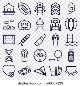 Linear icons set. set of 25 linear outline icons such as udder, baby cap, nightstand, overcoat, greenohuse, add favorite, drop counter, pumpkin haloween, fireworks, firework