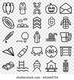 Linear icons set. set of 25 linear outline icons such as udder, baby cap, nightstand, overcoat, greenohuse, envelope, drop counter, pumpkin haloween, fireworks, firework