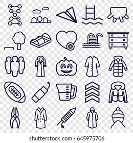 Linear icons set. set of 25 linear outline icons such as udder, baby cap, nightstand, overcoat, nippers, greenohuse, add favorite, pumpkin haloween, fireworks, firework
