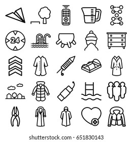 Linear icons set. set of 25 linear outline icons such as udder, baby cap, nightstand, overcoat, nippers, greenohuse, add favorite, fireworks, firework, city landscape