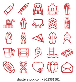 Linear icons set. set of 25 linear outline icons such as udder, baby cap, nightstand, overcoat, nippers, greenohuse, add favorite, envelope, drop counter, fireworks, firework