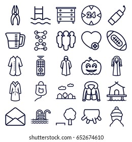 Linear icons set. set of 25 linear outline icons such as udder, baby cap, nightstand, overcoat, nippers, add favorite, envelope, drop counter, pumpkin haloween, firework